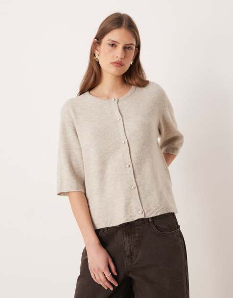 JDY faux-pearl buttons short sleeve knit cardigan in stone - view 1