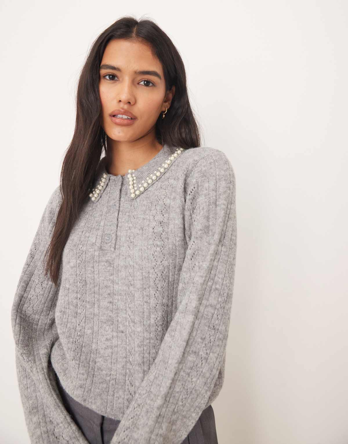JDY faux pearl trim collared jumper in grey