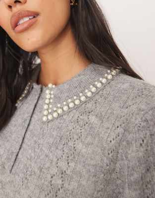 Jdy Faux-pearl Trim Collared Sweater In Gray
