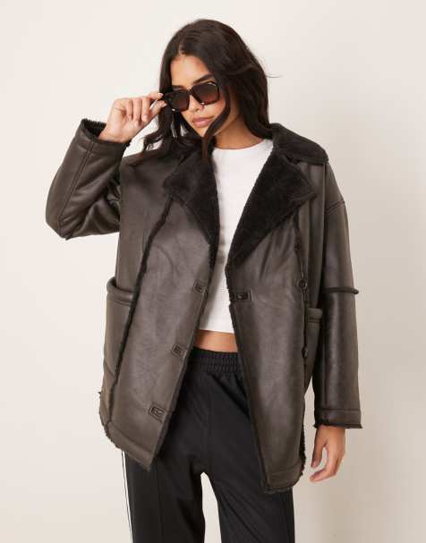 JDY faux shearling coat in chocolate brown - view 1