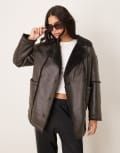 [JDY] JDY faux shearling coat in chocolate brown XS BROWN