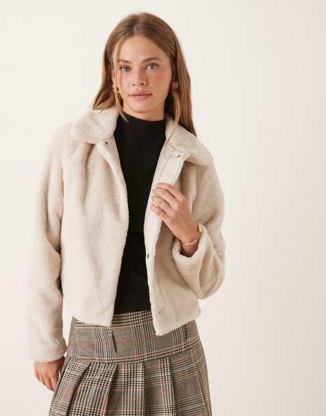 JDY faux shearling fur cropped jacket in cream - view 1
