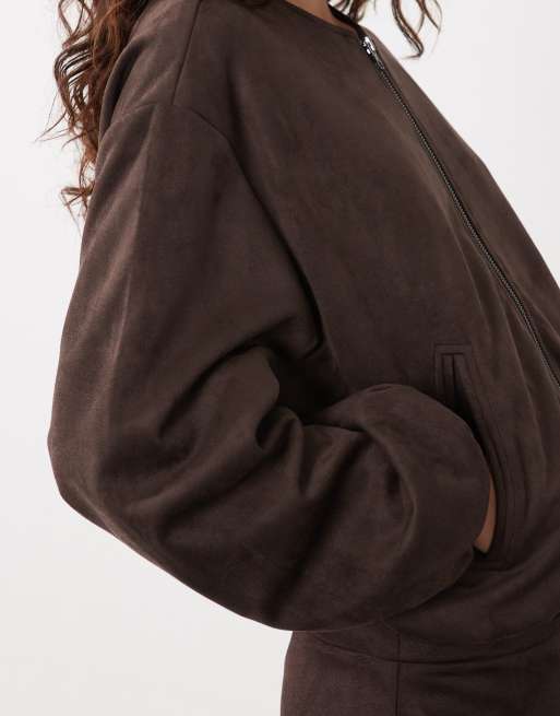 JDY faux suede balloon jacket in brown, 3 of 4