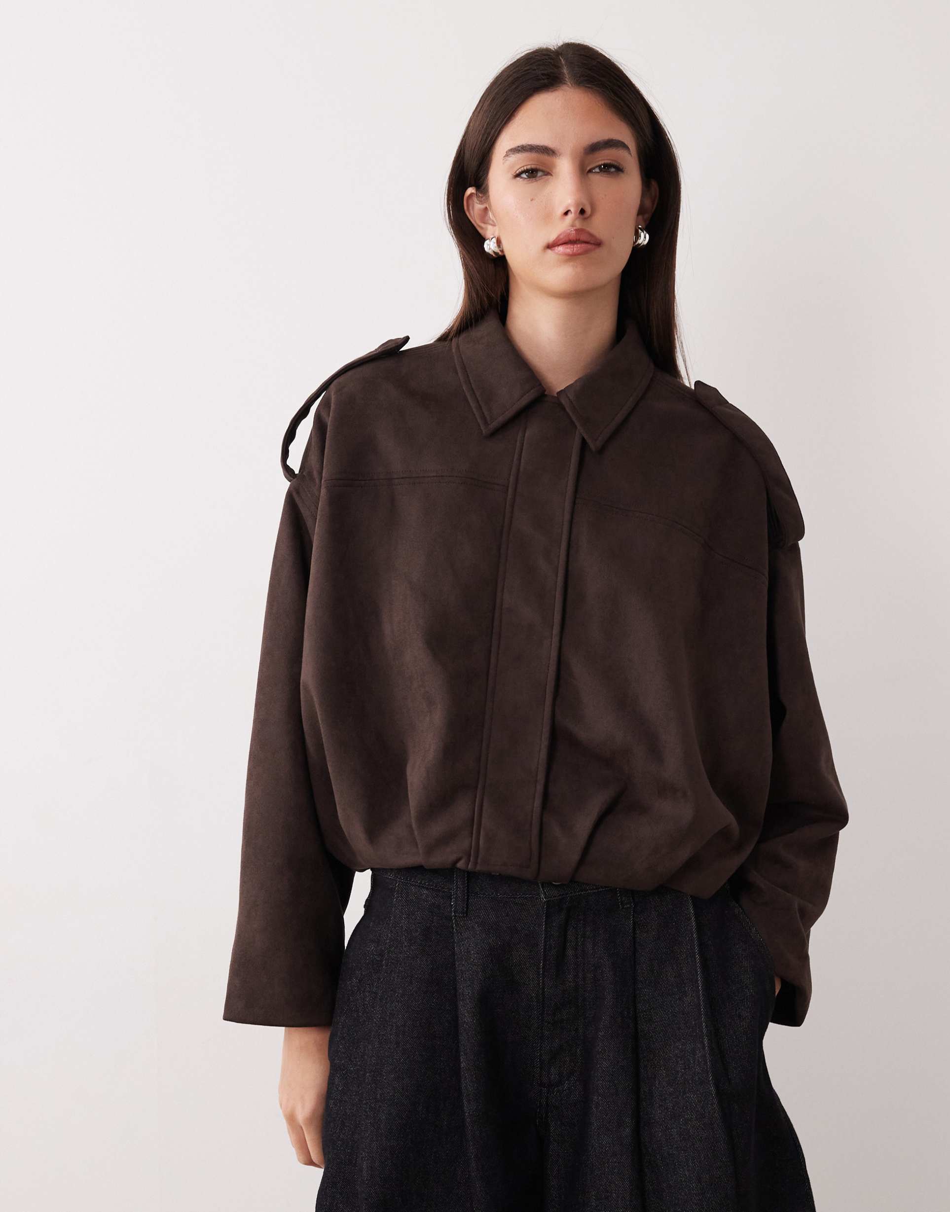 jdy faux suede bomber jacket in dark brown