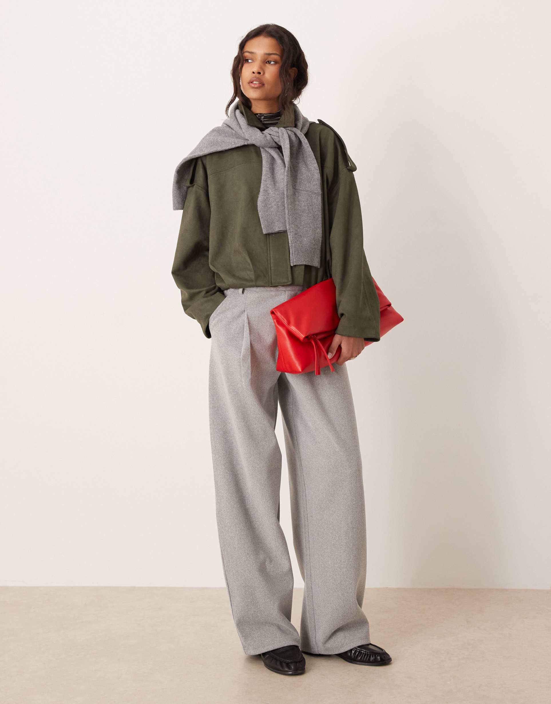 jdy faux suede bubble bomber jacket in khaki