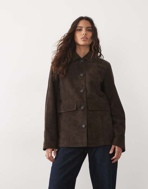 JDY faux suede jacket in dark brown - view 1