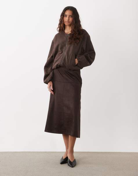 JDY faux suede midi skirt in brown - view 1