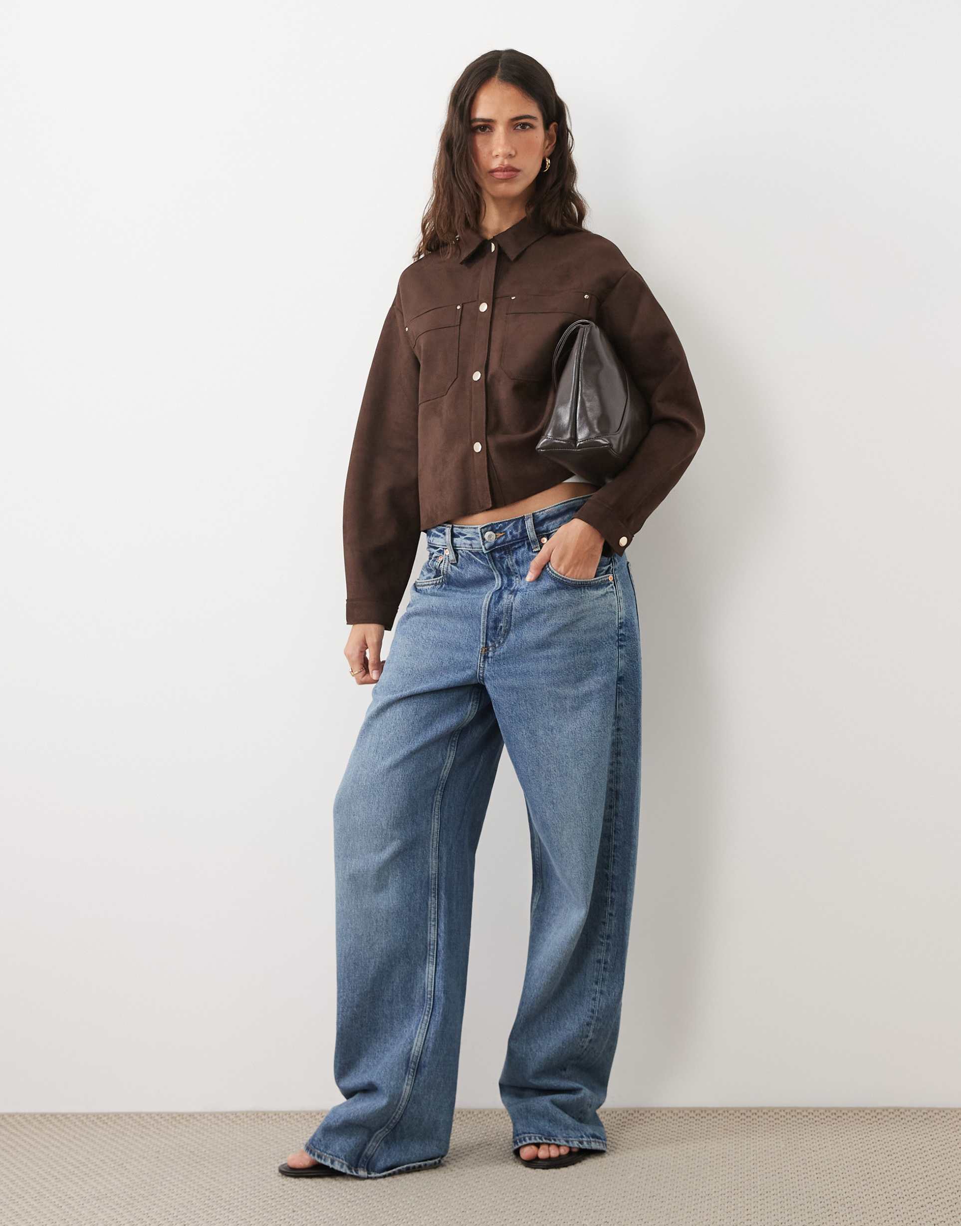 jdy faux suede overshirt in chocolate brown