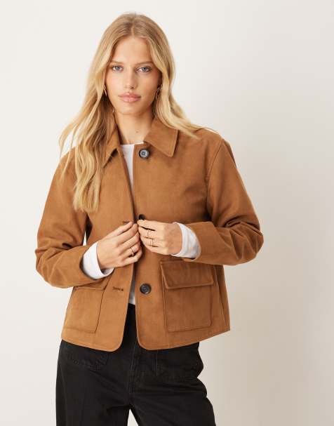 JDY faux suede short jacket with pocket in tan - view 1