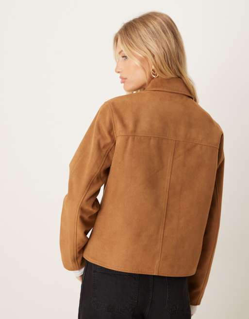 JDY faux suede short jacket with pocket in tan | ASOS