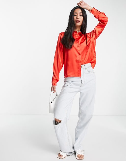 JDY Fifi satin long sleeve shirt in red