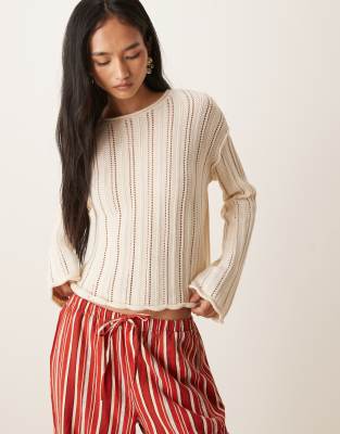 Jdy Flare Sleeve Scallop Edge Crochet Top In Multi