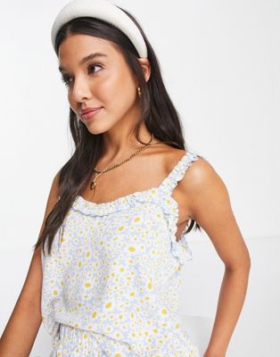 JDY ruffle trim cami top co-ord in blue daisy floral