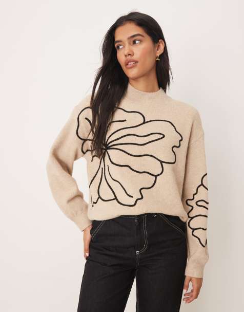 JDY floral stitch detail jumper in beige - view 1
