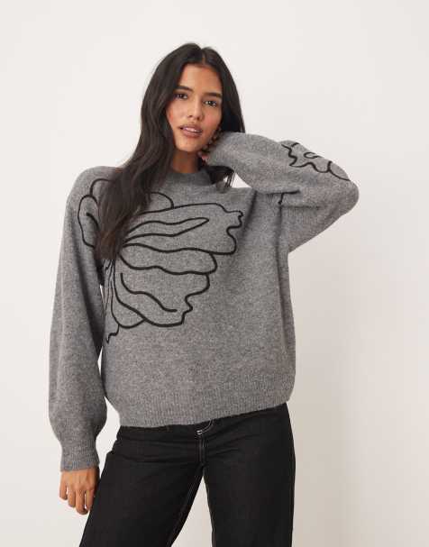 JDY floral stitch detail jumper in dark grey - view 1