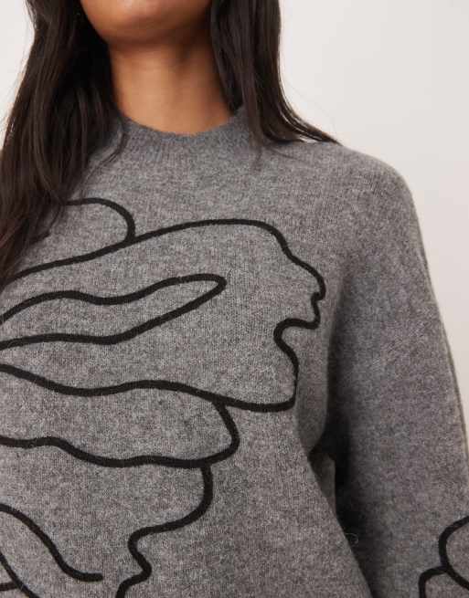 JDY floral stitch detail jumper in dark grey, 3 of 4