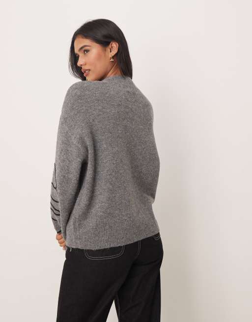 JDY floral stitch detail jumper in dark grey, 4 of 4