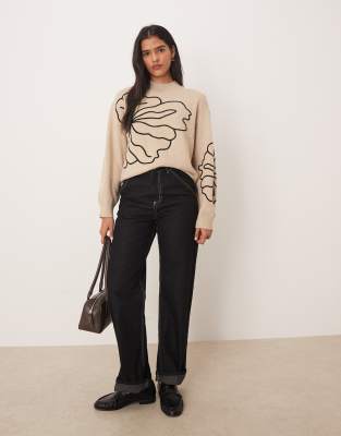 Jdy Floral Stitch Detail Sweater In Gray