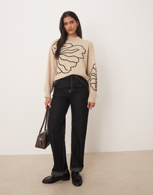 JDY floral stitch detail sweater in beige, 2 of 4