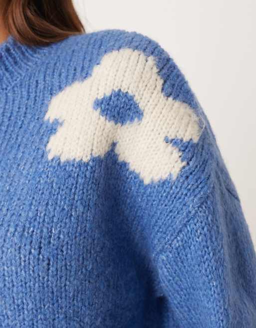 JDY flower placement sweater in blue, 4 of 4
