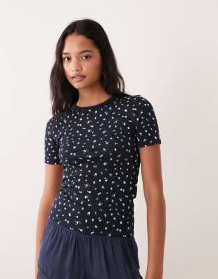 Jdy Flower Print Ribbed T-shirt In Blue