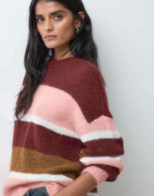 JDY fluffy crew neck knit jumper in pink and burgundy stripe, 4 of 5
