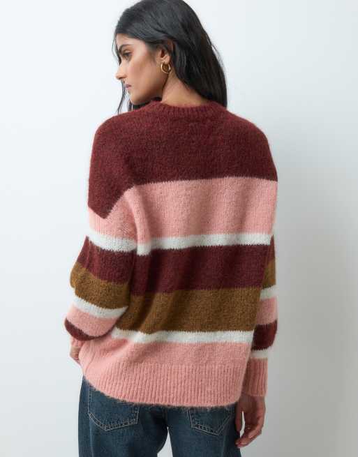 JDY fluffy crew neck knit jumper in pink and burgundy stripe, 5 of 5