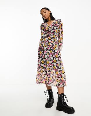 frill detail midi dress in multi floral