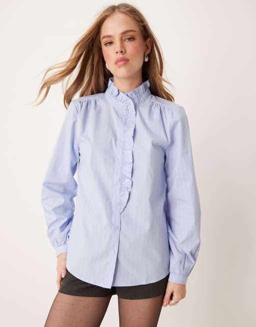 JDY frill detail shirt in blue pinstripes | ASOS
