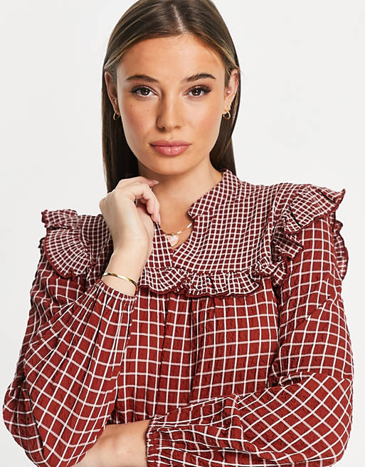 Tops Shirts & Blouses/JDY frill detail smock blouse in rust check 