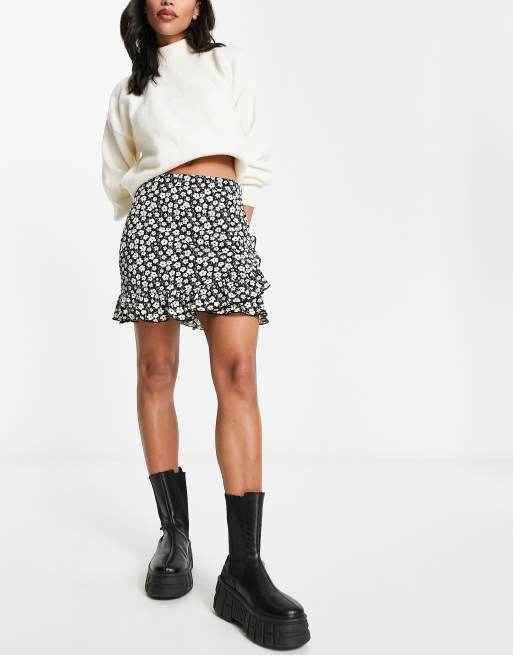 JDY frill detail wrap mini skirt in black white floral ASOS