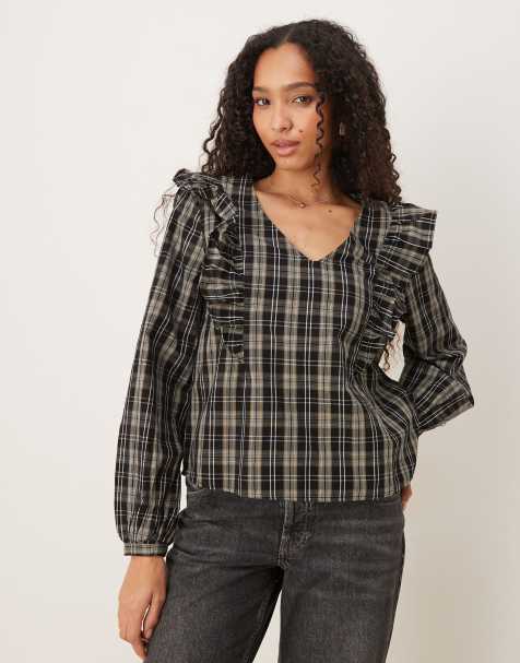 JDY frill details blouse in cream & black checks - view 1