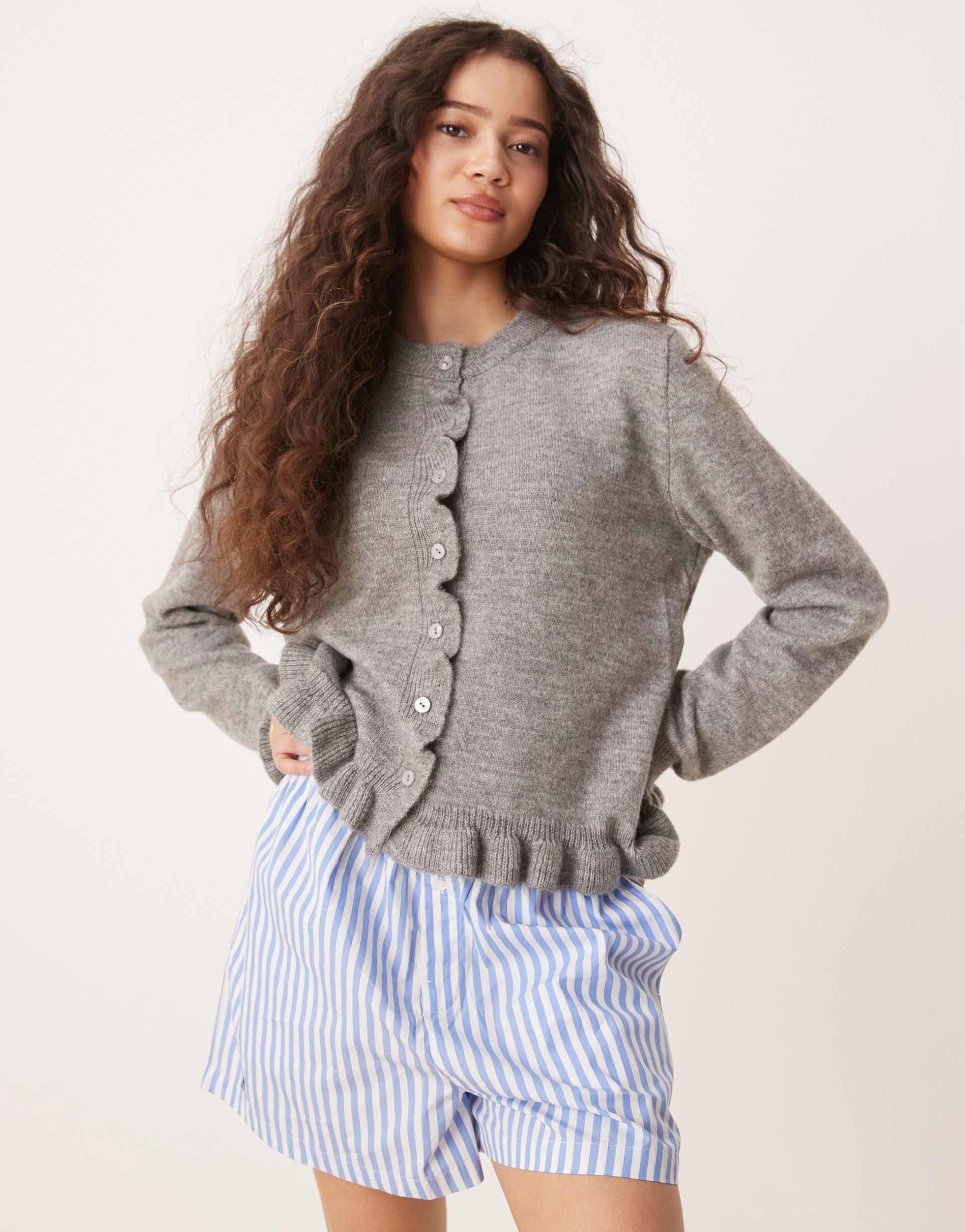 jdy frill details knit cardigan in light gray