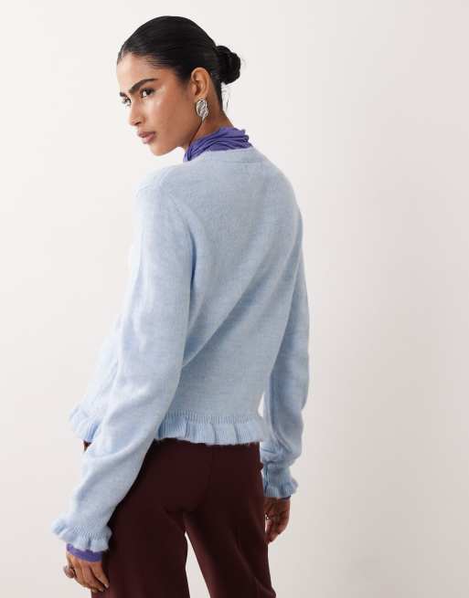 JDY frill details knit cardigan in pale blue | ASOS