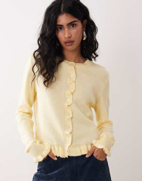 JDY frill details knit cardigan in pastel yellow - view 1