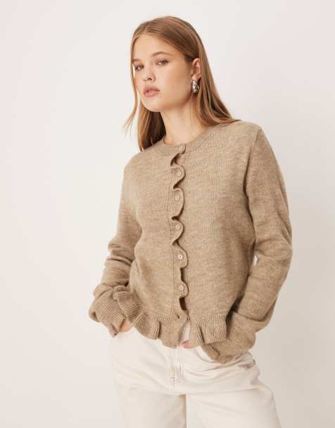 JDY frill details knitted cardigan in dark beige - view 1