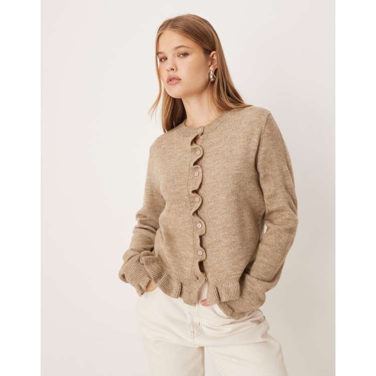 JDY frill details knitted cardigan in dark beige | ASOS