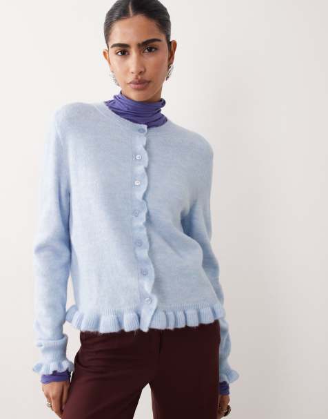 JDY frill details knitted cardigan in pale blue - view 1