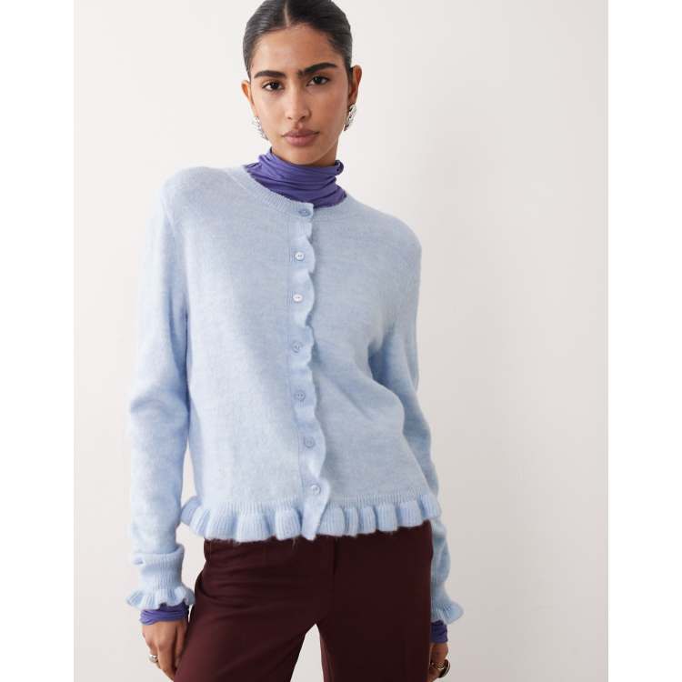 JDY frill details knitted cardigan in pale blue | ASOS