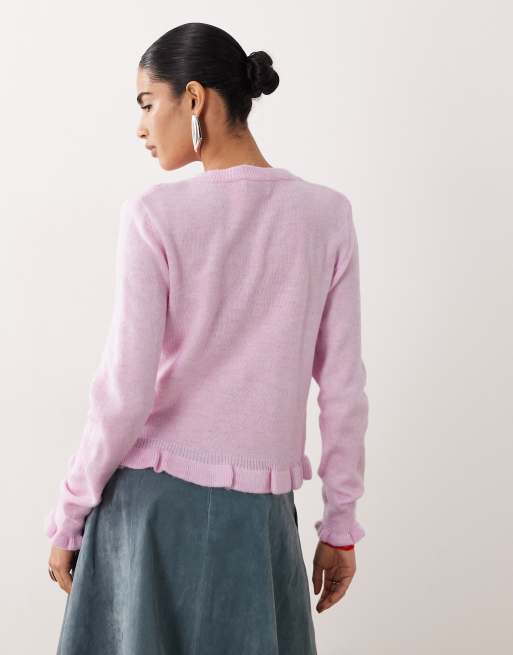 JDY frill details knitted cardigan in pink, 4 of 4