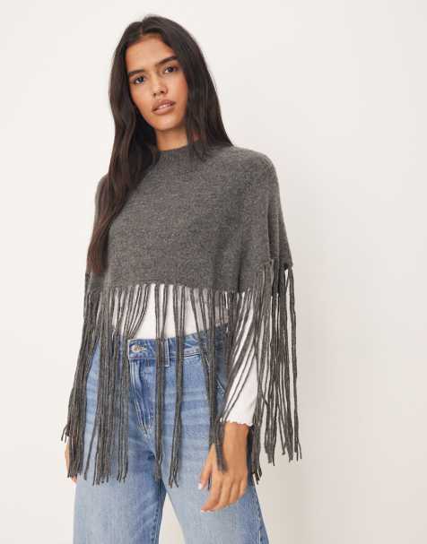 JDY fringe detail knit poncho in dark gray - view 1