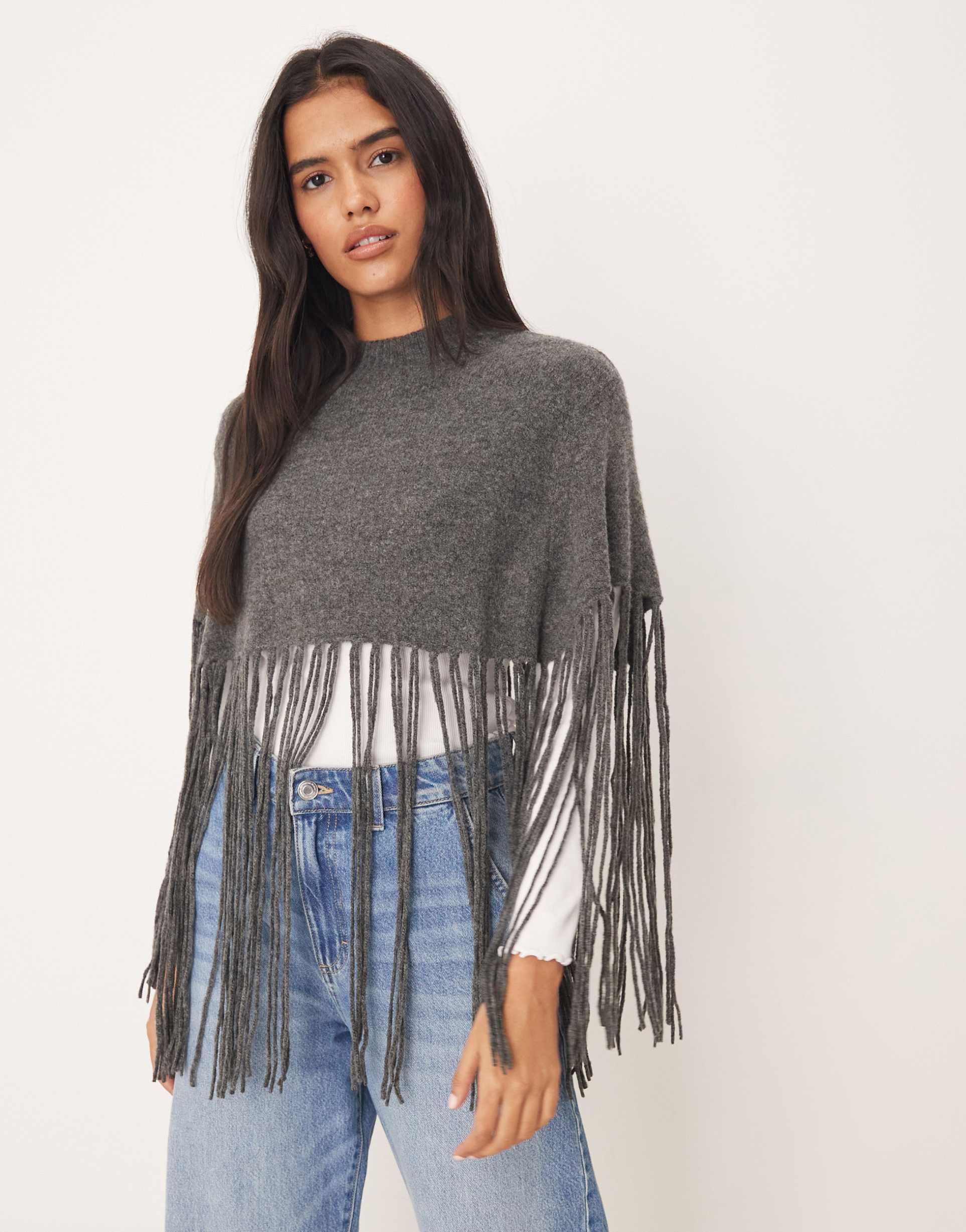 jdy fringe detail knit poncho in dark gray
