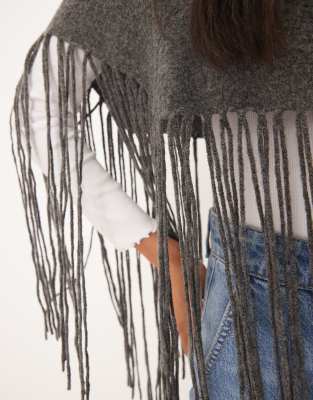 Jdy Fringe Detail Knit Poncho In Gray