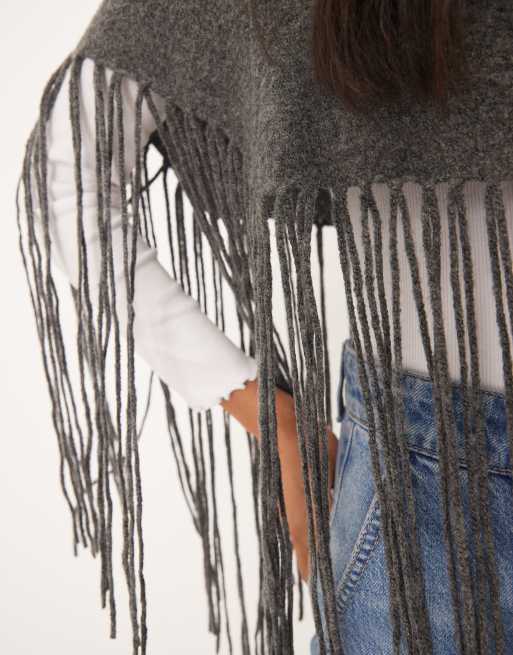 JDY fringe detail knit poncho in dark gray