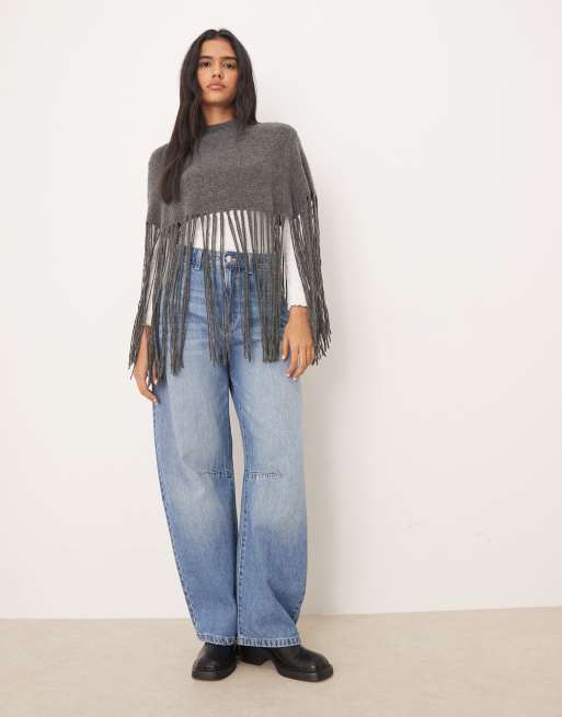 JDY fringe detail knit poncho in dark gray