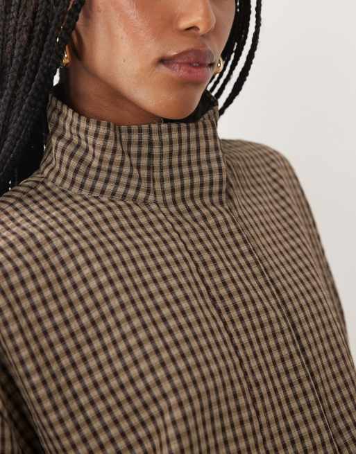 JDY funnel neck bomber jacket in brown gingham, 3 of 4