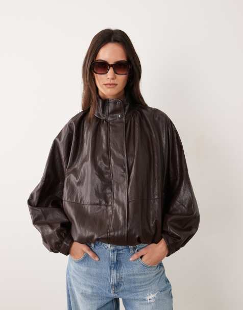 JDY funnel neck faux leather bomber jacket in brown - view 1