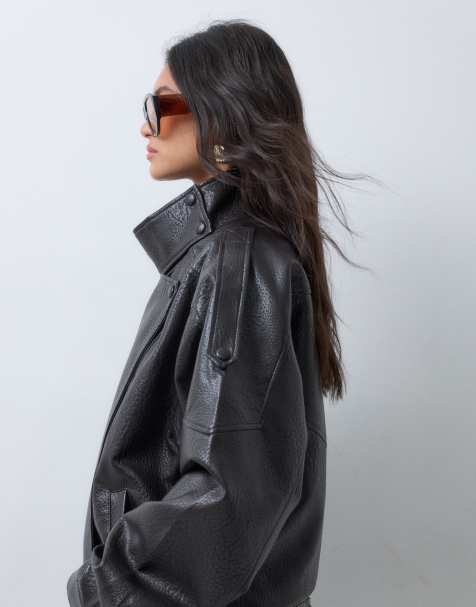 JDY funnel neck faux leather oversized bomber jacket in brown - view 1