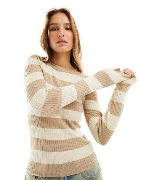 JDY - Geribbelde top met lange mouwen in beige met strepen in dezelfde kleurschakering - view 1