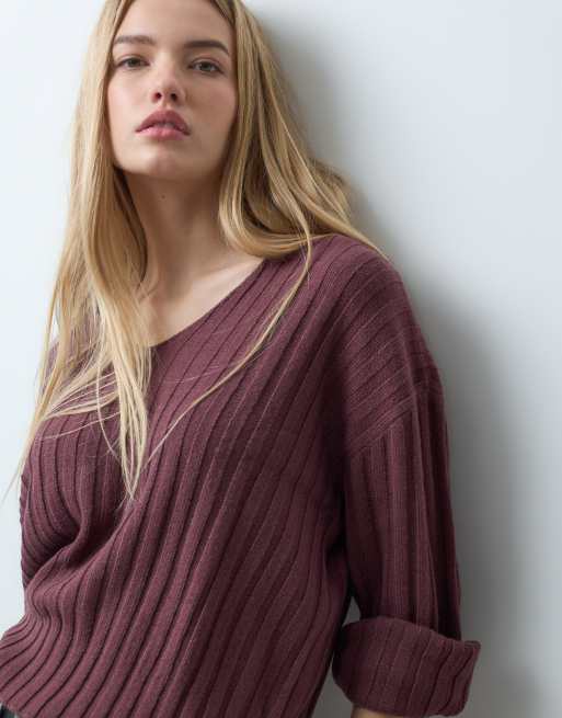JDY gerippter Pullover mit V-Ausschnitt in Burgunderrot, 4 von 5